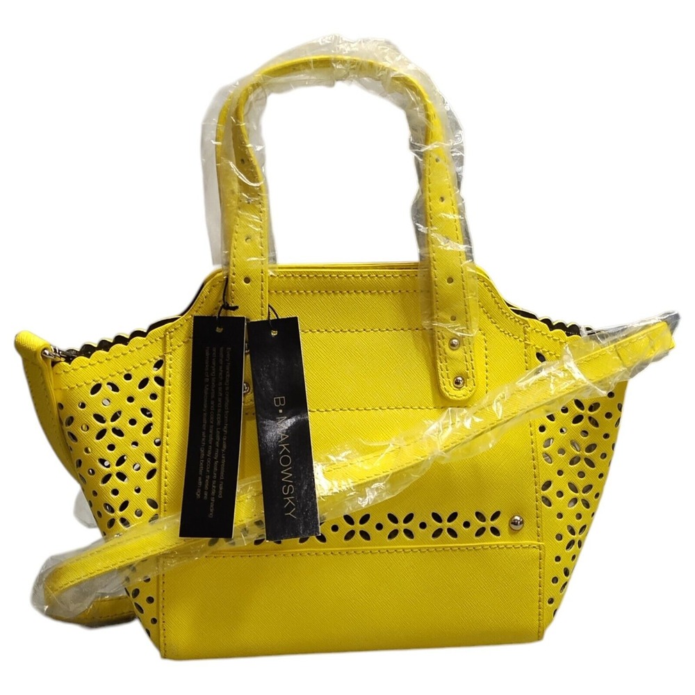 B. Makowsky Perforated Saffiano Mini Tessa Tote Bag Women Yellow Crossbody Strap - Picture 2 of 8